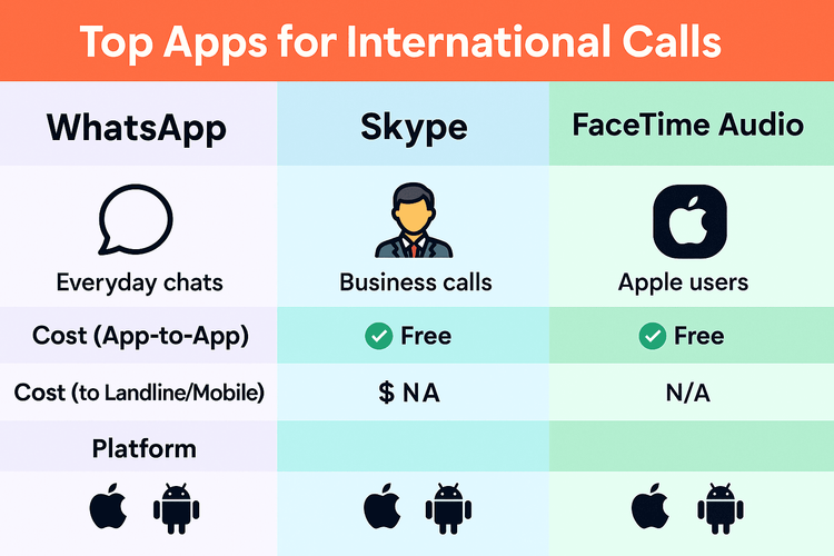 Comparison of top VoIP apps for international calls: WhatsApp, Skype, and FaceTime Audio.