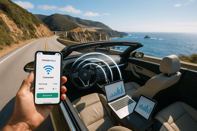 A comparison of rental car Wi-Fi versus a Yoho Mobile eSIM hotspot for a scenic road trip.