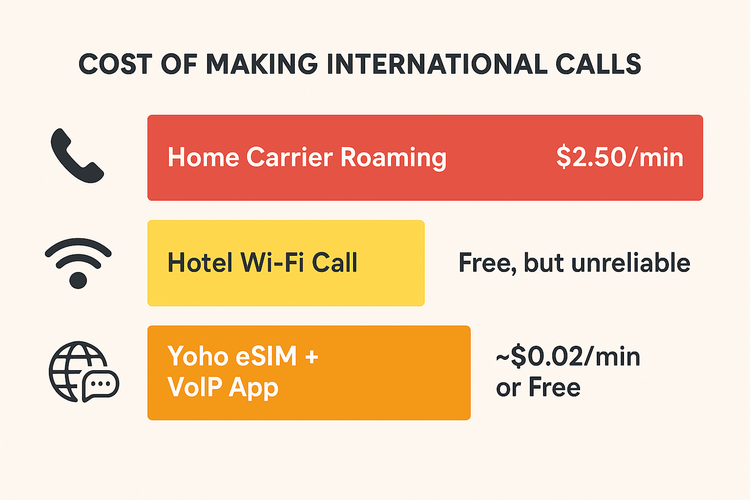 Infographic comparing the high cost of roaming calls versus the low cost of using a Yoho Mobile eSIM with VoIP apps.