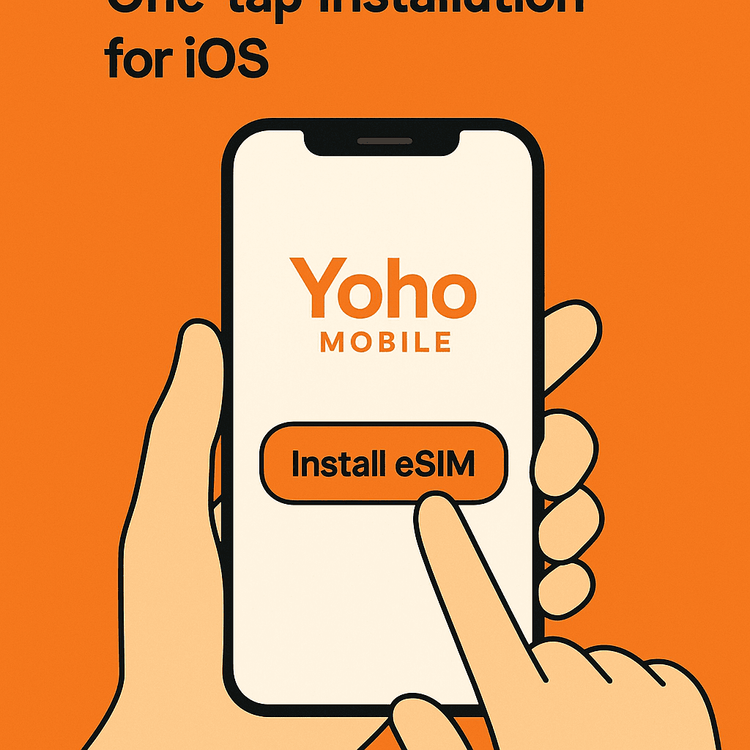 Illustration of the simple one-tap eSIM installation process for iOS on the Yoho Mobile app.