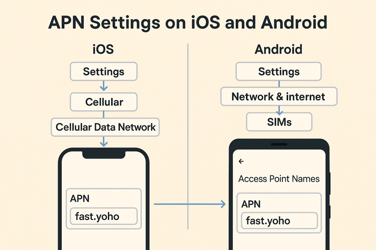 A step-by-step guide showing where to enter APN settings for a Yoho Mobile eSIM on both iOS and Android devices.