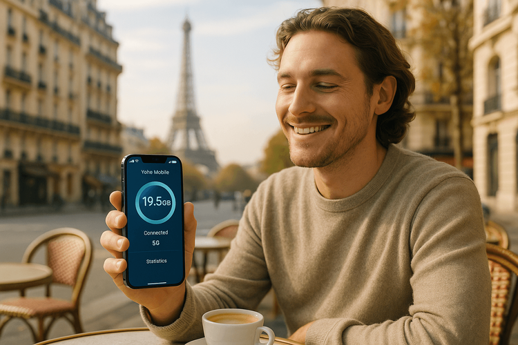 A traveler enjoying seamless connectivity on their iPhone 17 Pro with a Yoho Mobile eSIM while in Paris.
