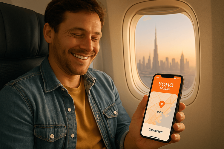 A traveler using a Yoho Mobile eSIM for instant connectivity upon landing in Dubai after an Emirates flight.