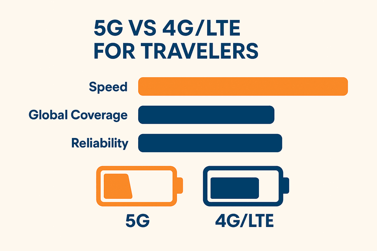 Infographic comparing 5G and 4G/LTE eSIMs for travel based on speed, coverage, and reliability.