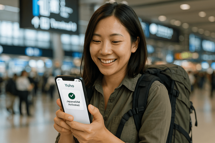 A happy traveler instantly connected at a Japanese airport after activating her Yoho Mobile eSIM.
