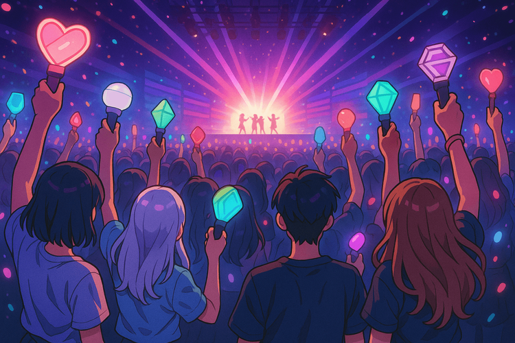 An illustration of a vibrant K-Pop concert audience waving colorful lightsticks.