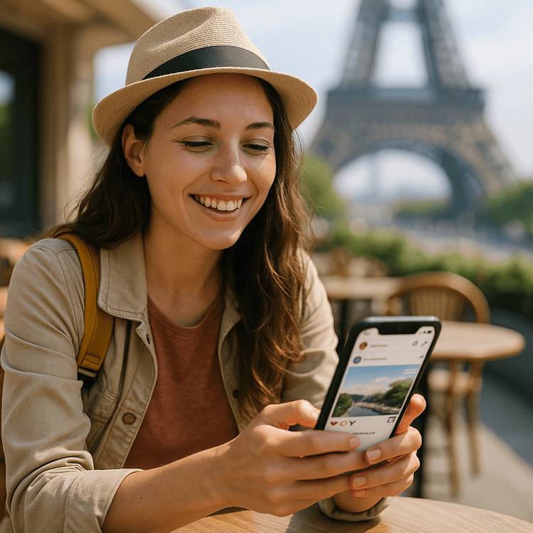 A happy traveler using her smartphone with a Yoho Mobile eSIM to stay connected while sightseeing in Europe.