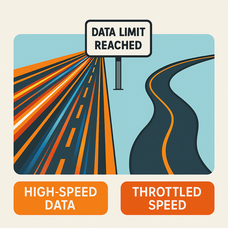 Diagram explaining how data throttling works by showing a wide data highway narrowing to a small lane after a data limit is reached.