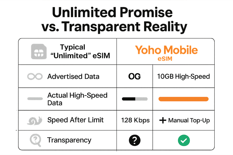 Infographic comparing a typical 'unlimited' eSIM with a transparent Yoho Mobile eSIM, highlighting differences in data, speed, and transparency.