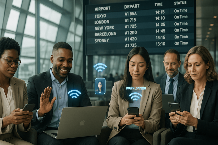 A team of business travelers staying productive and connected in an airport lounge using Yoho Mobile's global eSIM data plans.