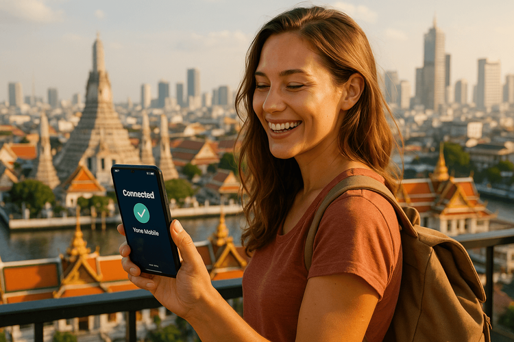 A happy digital nomad using her Yoho Mobile eSIM connection with the beautiful Bangkok skyline in the background.