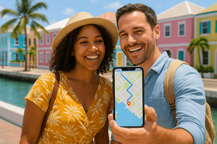 A couple happily using their phone with a Yoho Mobile eSIM for navigation during a Caribbean cruise port day.