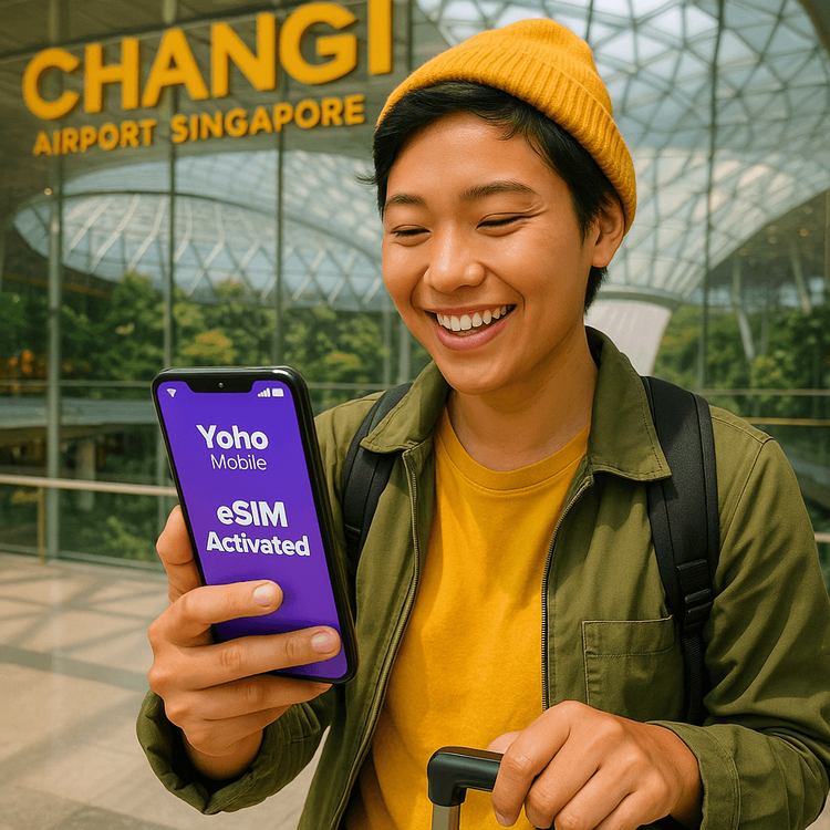 Traveler smiling at their phone with Yoho Mobile eSIM activated upon landing in Asia.