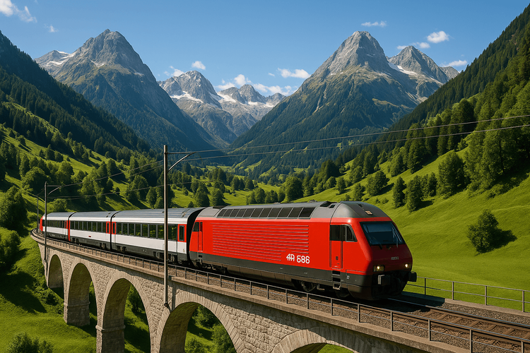 A modern red Swiss train crossing a scenic viaduct in the Alps, illustrating the beauty of train travel in Switzerland.
