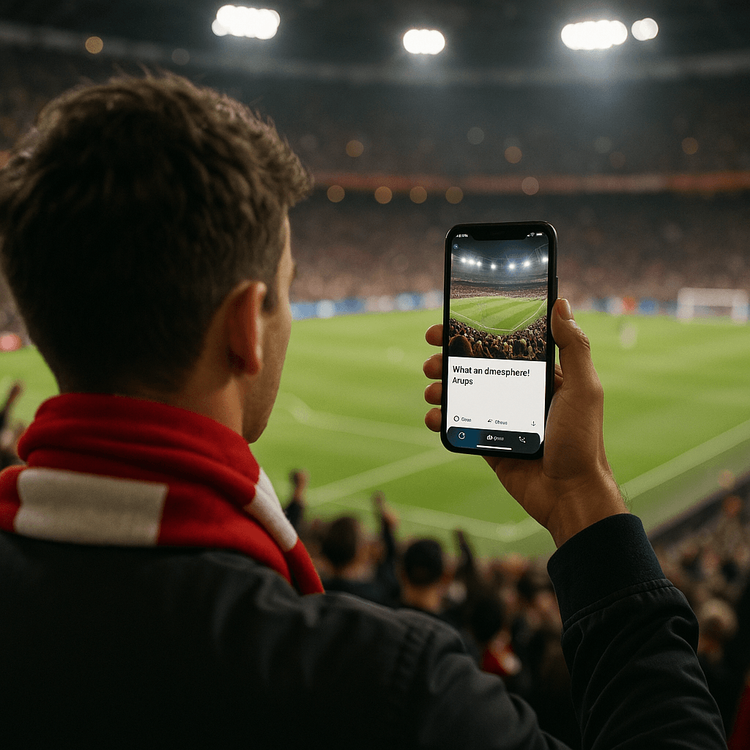A football fan in a packed stadium shares a photo of the Ajax match on their smartphone, using a reliable mobile data connection.