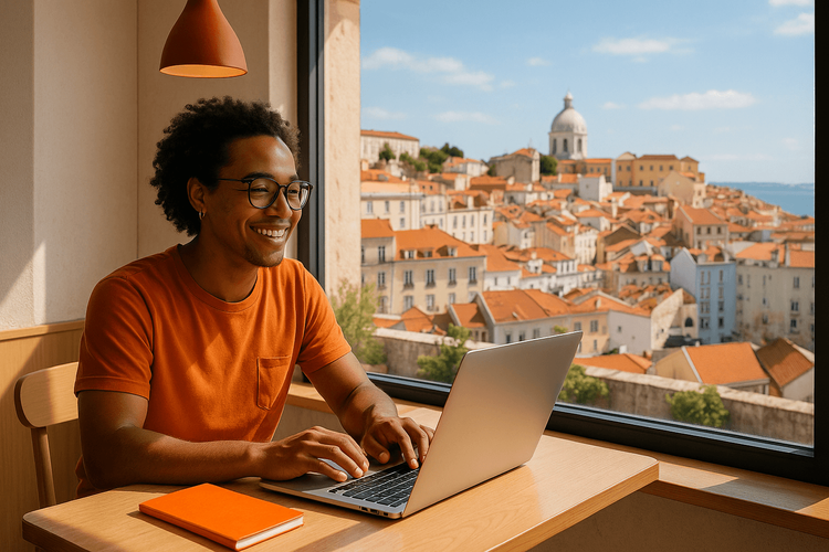 A digital nomad working on a laptop in a cafe with a beautiful European city view, representing the work-from-anywhere lifestyle.