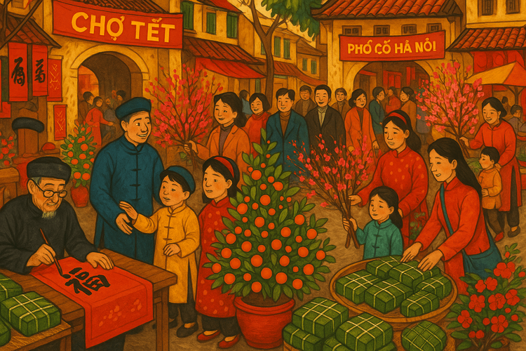A bustling and colorful Tết market in Hanoi, Vietnam, with traditional decorations and festive activities.