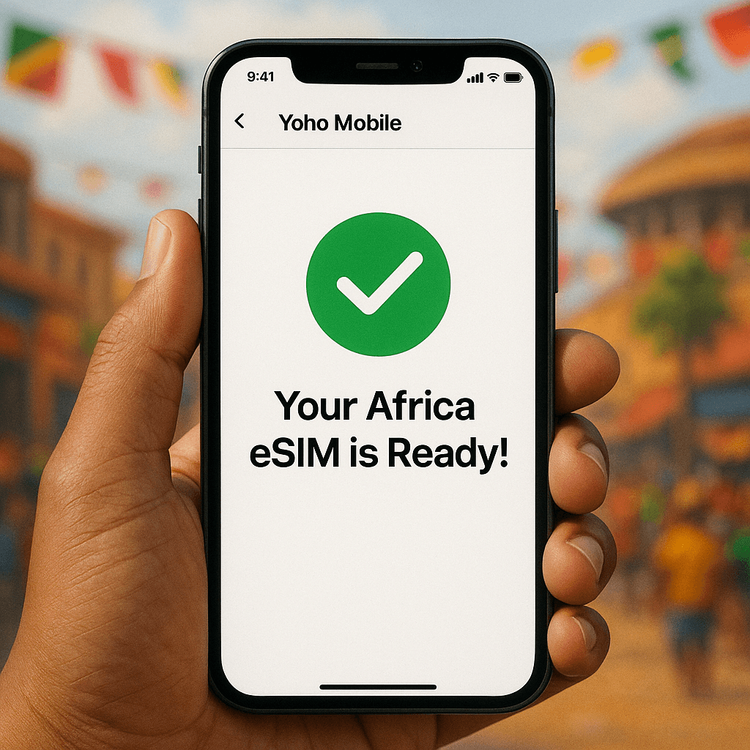 Illustration of a smartphone showing the successful installation of a Yoho Mobile eSIM for travel in Africa.