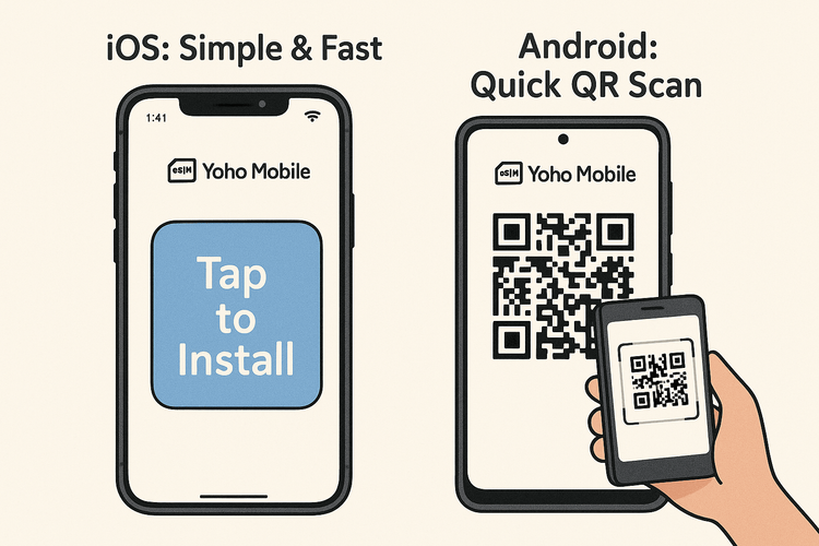 Comparison of the simple one-tap eSIM installation for iOS and the QR code scan method for Android with Yoho Mobile.