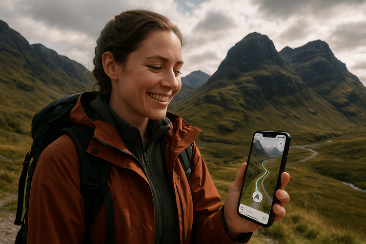 A traveler using her Yoho Mobile eSIM for navigation in the Scottish Highlands, demonstrating reliable internet coverage.