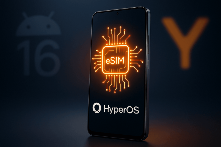 A futuristic depiction of a Xiaomi phone with HyperOS supporting eSIM technology, highlighting innovation.