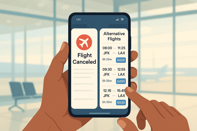 Using a smartphone to check airline cancellation alerts and find alternative flights.