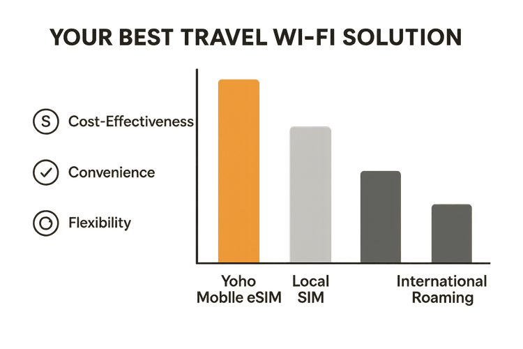 A comparison chart showing Yoho Mobile eSIM as the most cost-effective, convenient, and flexible option for travel internet compared to local SIMs and roaming.