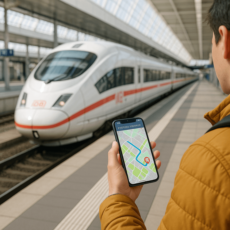 A traveler using a smartphone to navigate at a German train station with an ICE train in the background.