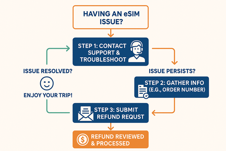 A flowchart showing the step-by-step process for requesting a refund from Yoho Mobile, starting with troubleshooting.