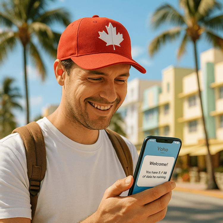 A happy Canadian traveler easily using their Yoho Mobile eSIM data plan on their smartphone while on vacation.