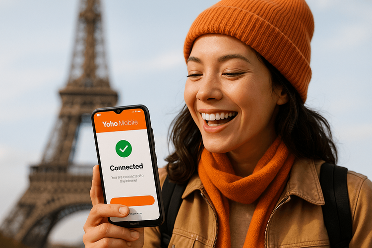 A traveler in front of the Eiffel Tower successfully using a Yoho Mobile eSIM on their Xiaomi smartphone.