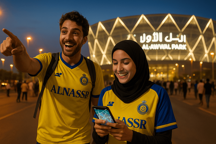 A pair of excited football fans in Al Nassr jerseys walking towards the stadium in Riyadh for a match at dusk.