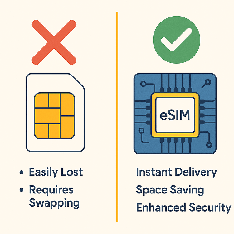 An infographic comparing the features of a physical SIM card versus a modern eSIM.