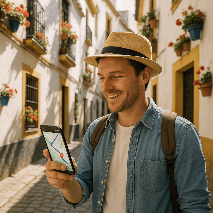 A traveler using a Yoho Mobile eSIM for navigation in the historic Santa Cruz quarter of Seville.
