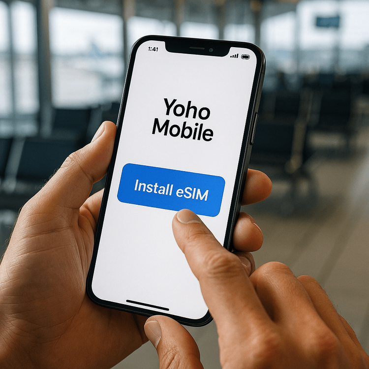 A traveler easily installing a Yoho Mobile eSIM on their iPhone with a single tap before their flight.