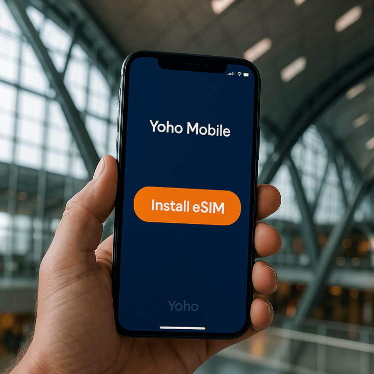 A traveler easily installing a Yoho Mobile eSIM on their smartphone inside Hamad International Airport for their Doha layover.