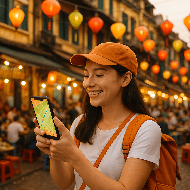 A traveler using her phone with a Yoho Mobile eSIM for navigation in Hanoi's Old Quarter.