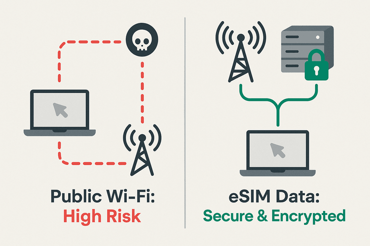 Infographic comparing the high risk of public Wi-Fi for crypto trading versus the secure connection of an eSIM.