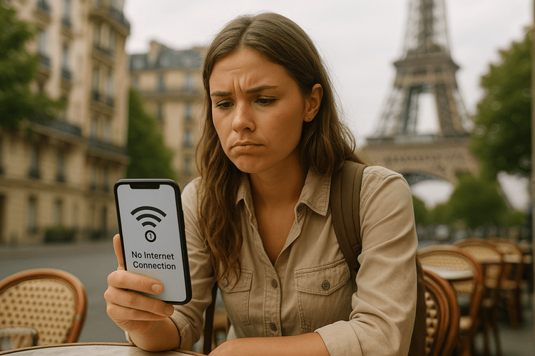 A traveler in Paris looking frustrated at her phone because her mobile data is not working abroad.