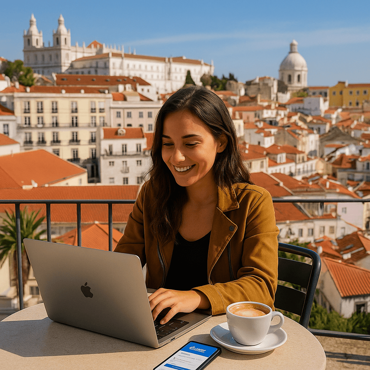 A digital nomad successfully working remotely in a scenic cafe in Lisbon using a reliable mobile data connection.