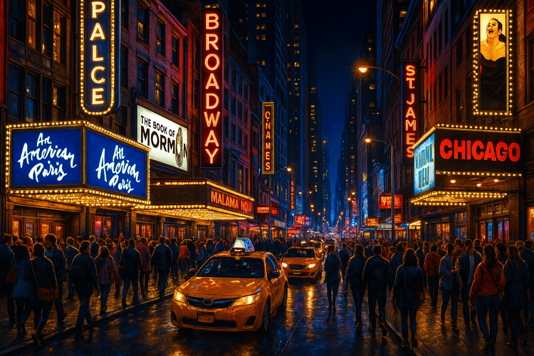 The bright, glowing marquees of Broadway theaters lighting up the street at night in New York City.