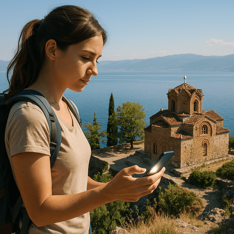 A traveler uses her phone with a Yoho Mobile eSIM, with the beautiful Church of St. John at Kaneo, Lake Ohrid, in the background.