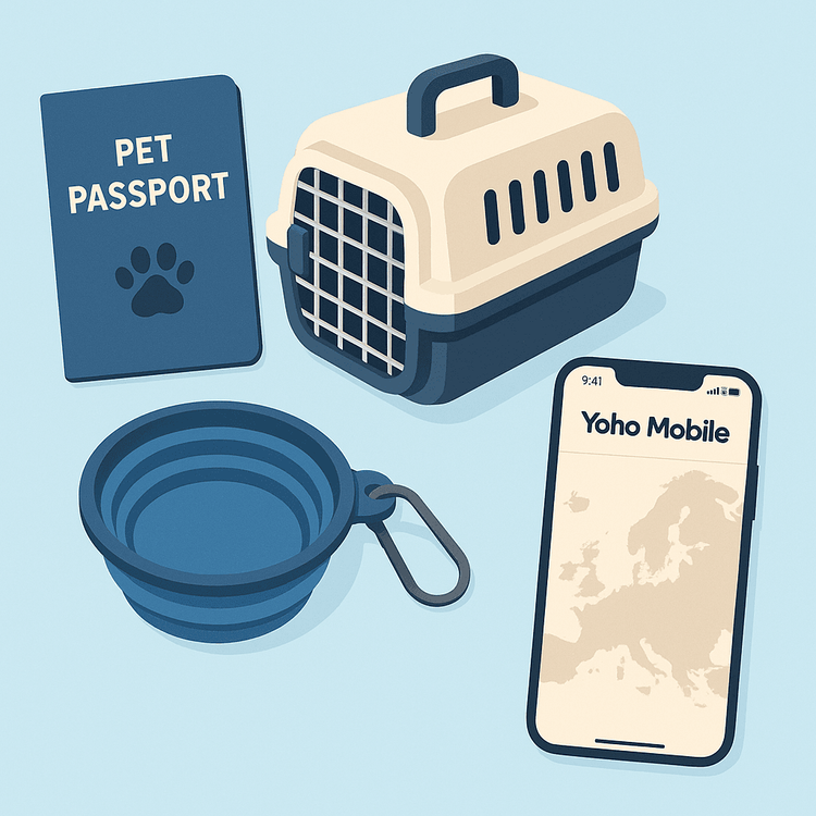 Una ilustración de artículos esenciales para viajes internacionales con mascotas, incluyendo un pasaporte, un transportín y un smartphone con una eSIM de Yoho Mobile.