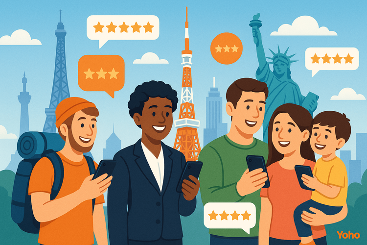 Collage of positive user reviews and five-star ratings for Yoho Mobile from happy travelers worldwide.