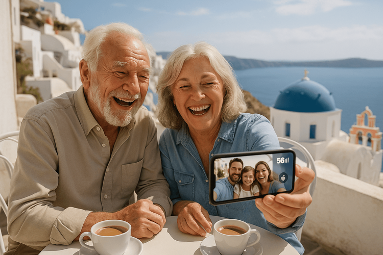 A happy senior couple on vacation video calling their family using a Yoho Mobile eSIM.