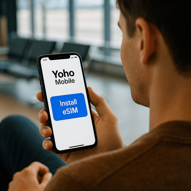 A traveler easily installing a Yoho Mobile eSIM on their smartphone before a flight.