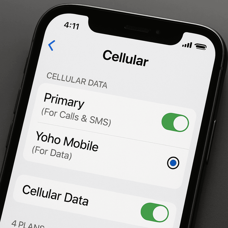 Smartphone settings screen showing how to use a primary SIM for calls and a Yoho Mobile eSIM for data.