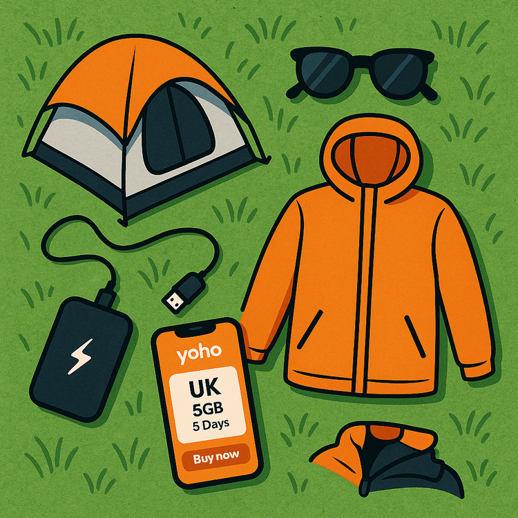 A flat lay of music festival essentials including a smartphone with the Yoho Mobile app.