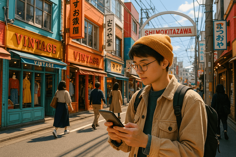 A traveler using their phone to navigate a bustling vintage shopping street in Shimokitazawa, Tokyo.