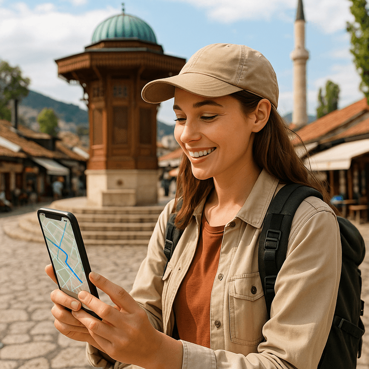 A traveler easily navigating Sarajevo's Baščaršija market using her smartphone with a Yoho Mobile eSIM.